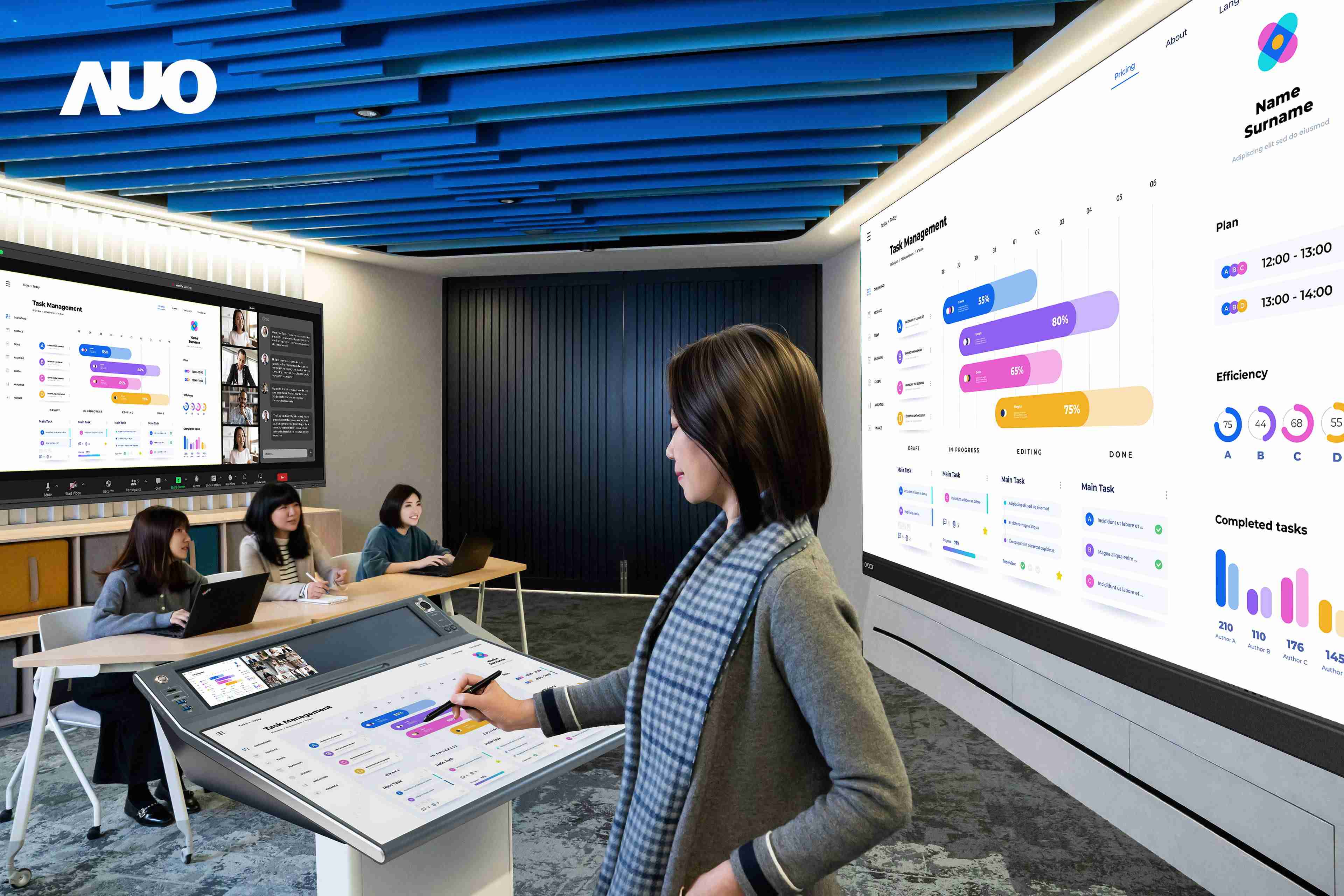 达擎携手Avocor与Rise Vision展示全方位商务领域应用，，，，包含采用模块化设计的138吋一体式All-in-One LED显示器及具21:9超宽比例的92吋交互式电子白板（IFPD），，讲者可轻松分享内容，，，有效提升会议协作效率。。。